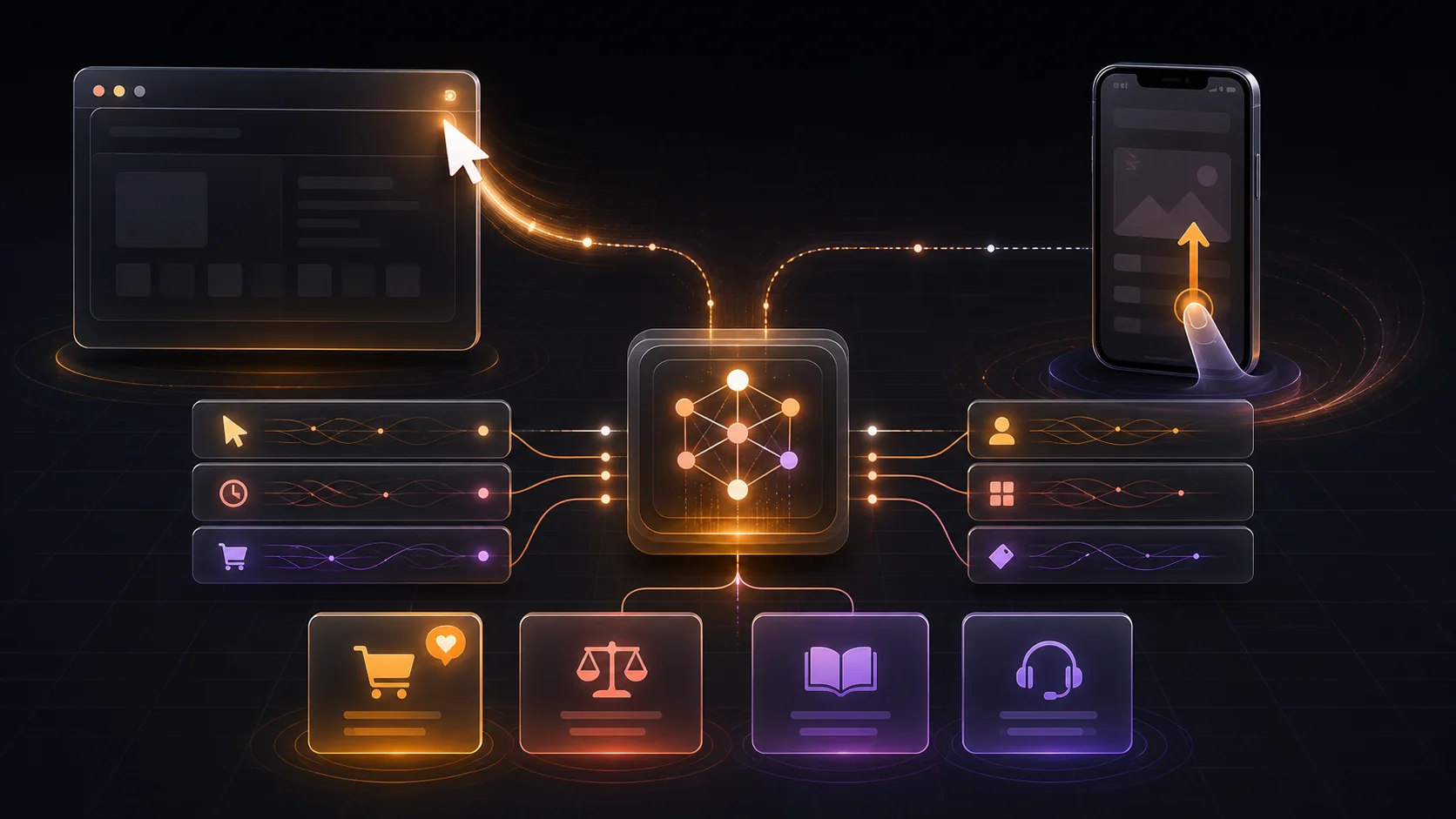 Exit-intent popup decision flow showing desktop cursor signals, mobile behavior signals, targeting, and offer selection