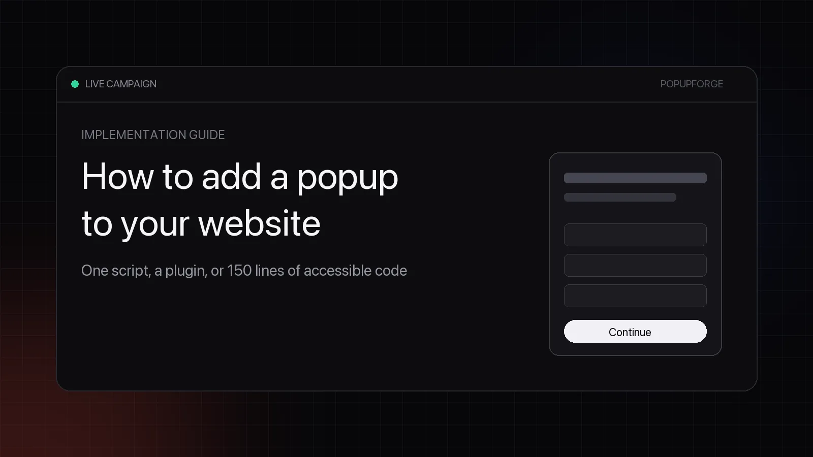 Code editor showing an accessible HTML dialog popup next to a rendered signup modal with a close button