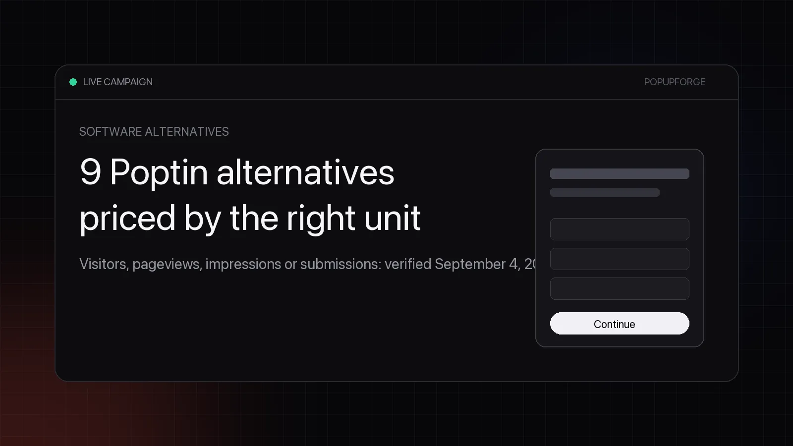Comparison board of Poptin alternatives showing pricing units, starting prices, and free plan limits